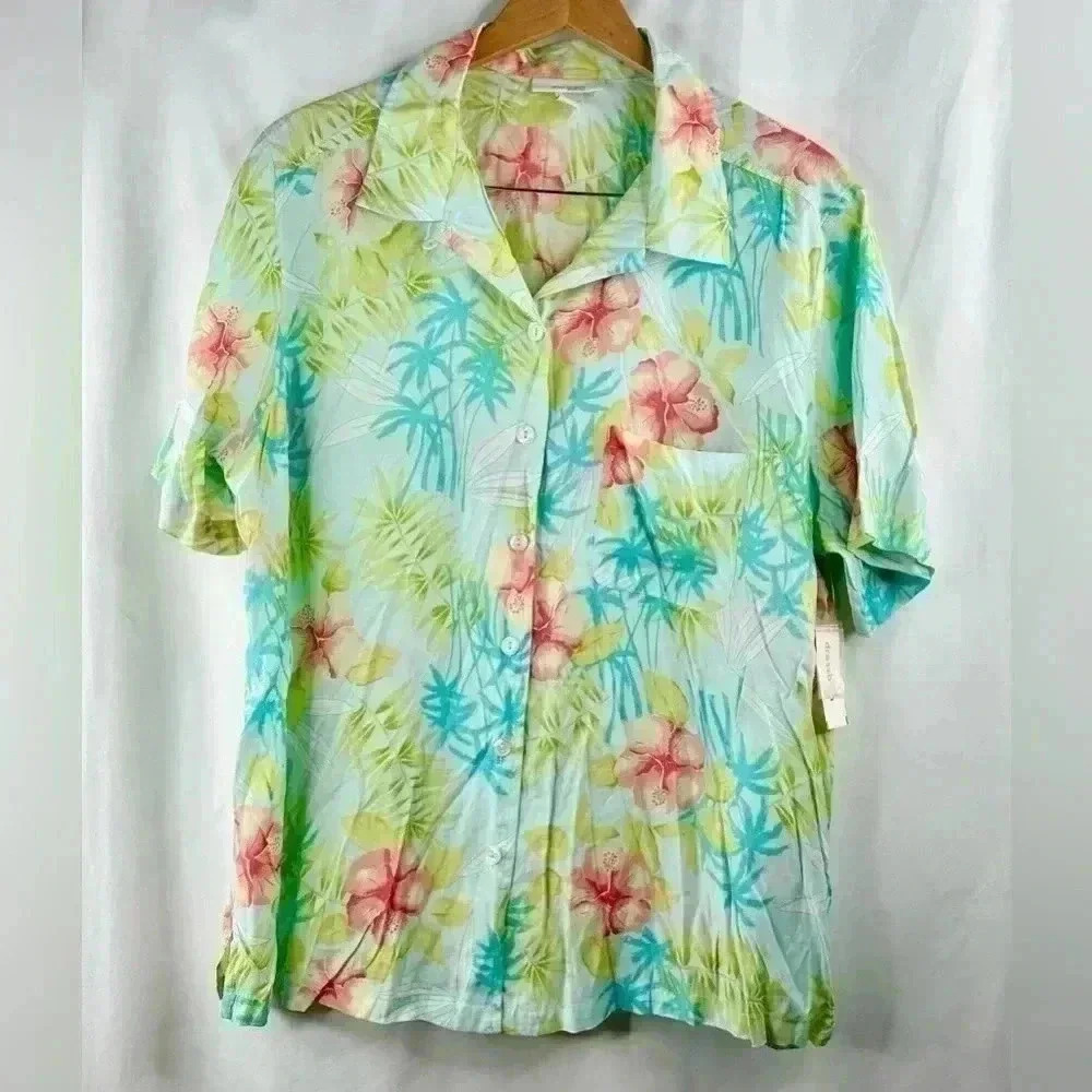 NWT Dressbarn Women’s Hawaiian Button Down Tee Tropical Hibiscus Print Size 2X